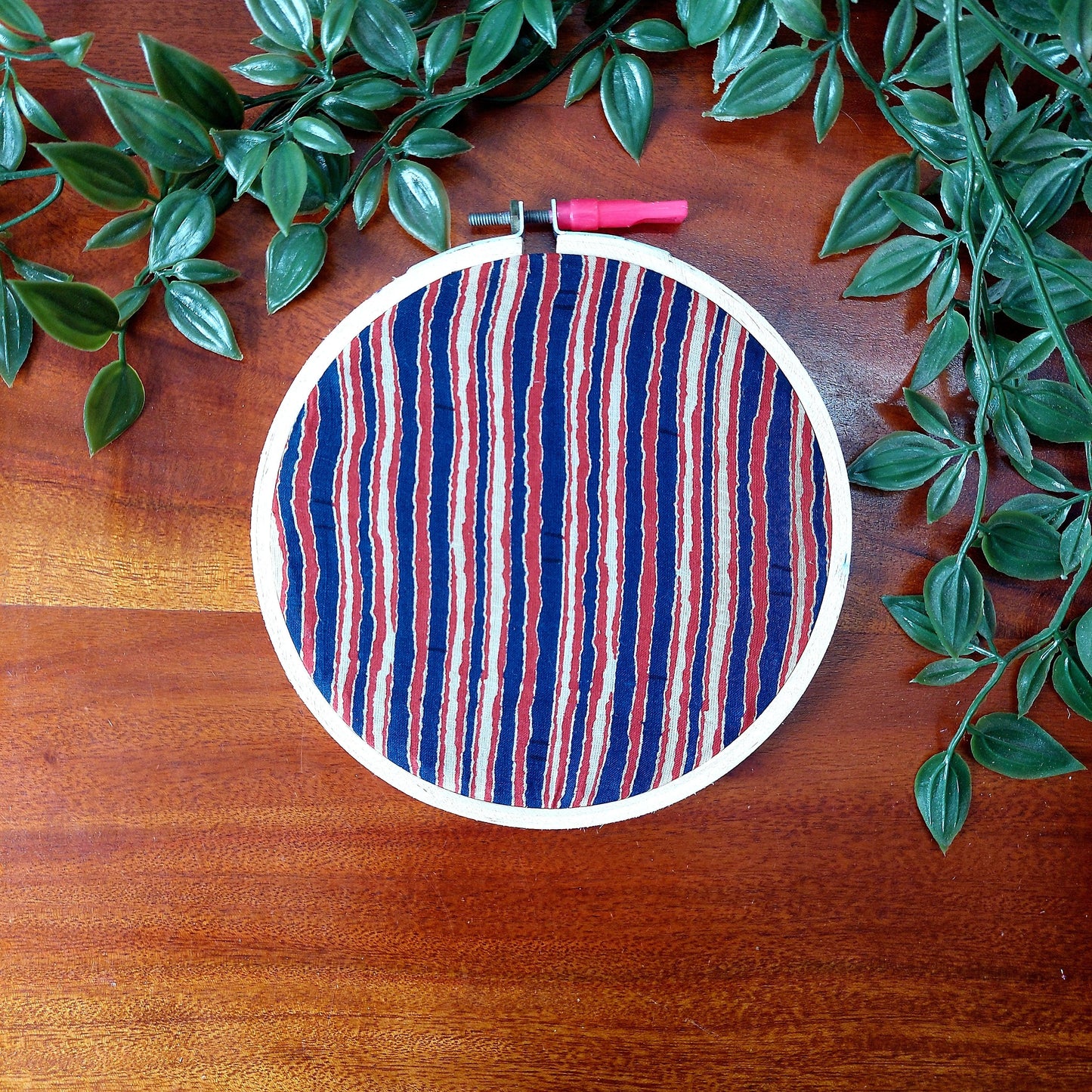 Blue and Red Stripes Pattern Embroidery Hoop – Upcycled Fabric | Multiple Sizes