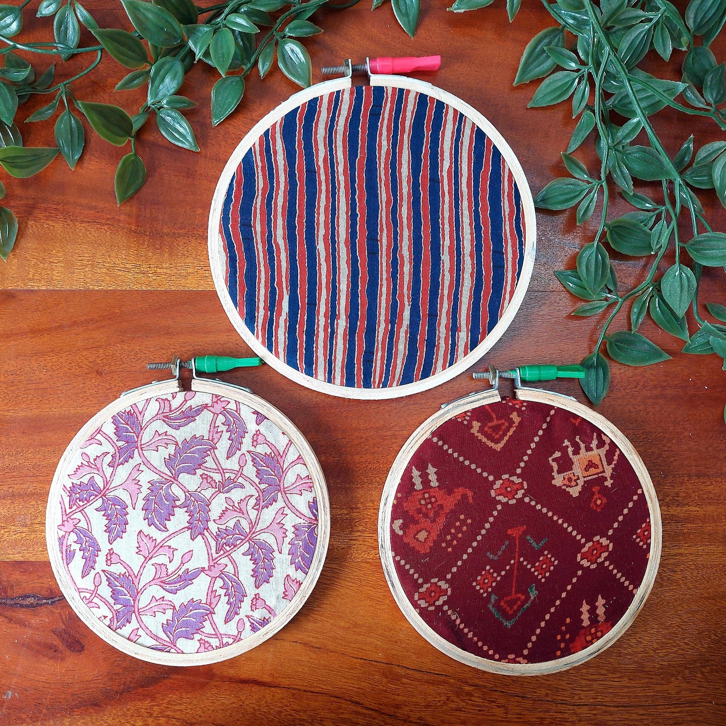 Blue and Red Stripes Pattern Embroidery Hoop – Upcycled Fabric | Multiple Sizes