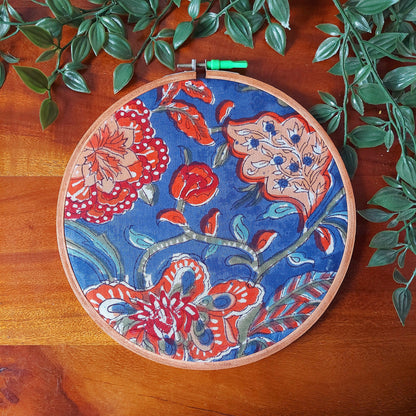 Blue Fabric with Bold Red Floral Motifs Embroidery Hoop – Upcycled Fabric | Multiple Sizes