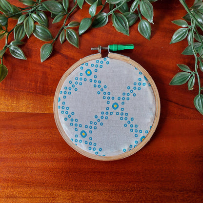 White & Teal Bandhani Embroidery Hoop – Upcycled Fabric with Wooden Ring | Multiple Sizes