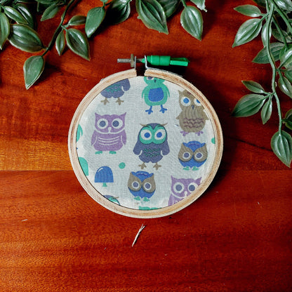 Owl Print in Pastel Shades on White Fabric – Block Printed Embroidery Hoop | Multiple Sizes