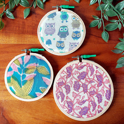 Owl Print in Pastel Shades on White Fabric – Block Printed Embroidery Hoop | Multiple Sizes