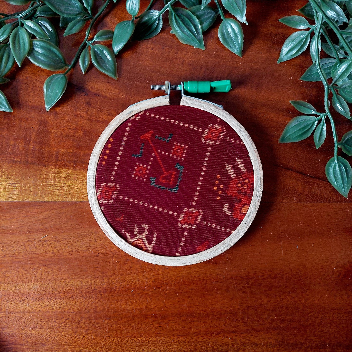 Maroon Red Fabric with Geometric Designs Embroidery Hoop – Upcycled Fabric | Multiple Sizes