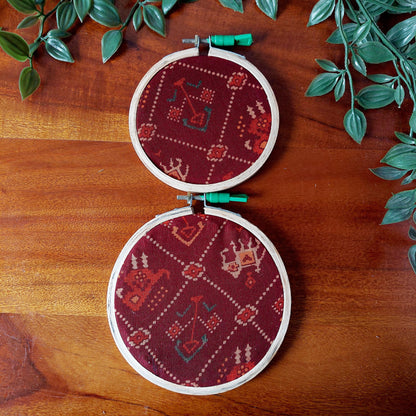 Maroon Red Fabric with Geometric Designs Embroidery Hoop – Upcycled Fabric | Multiple Sizes