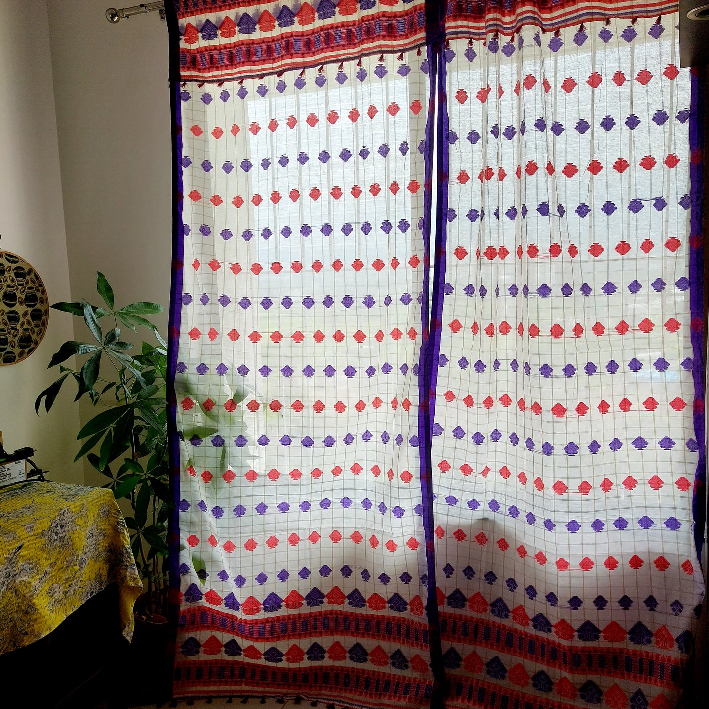 Red And Purple Assamese Handloom Sheer Curtain |Single