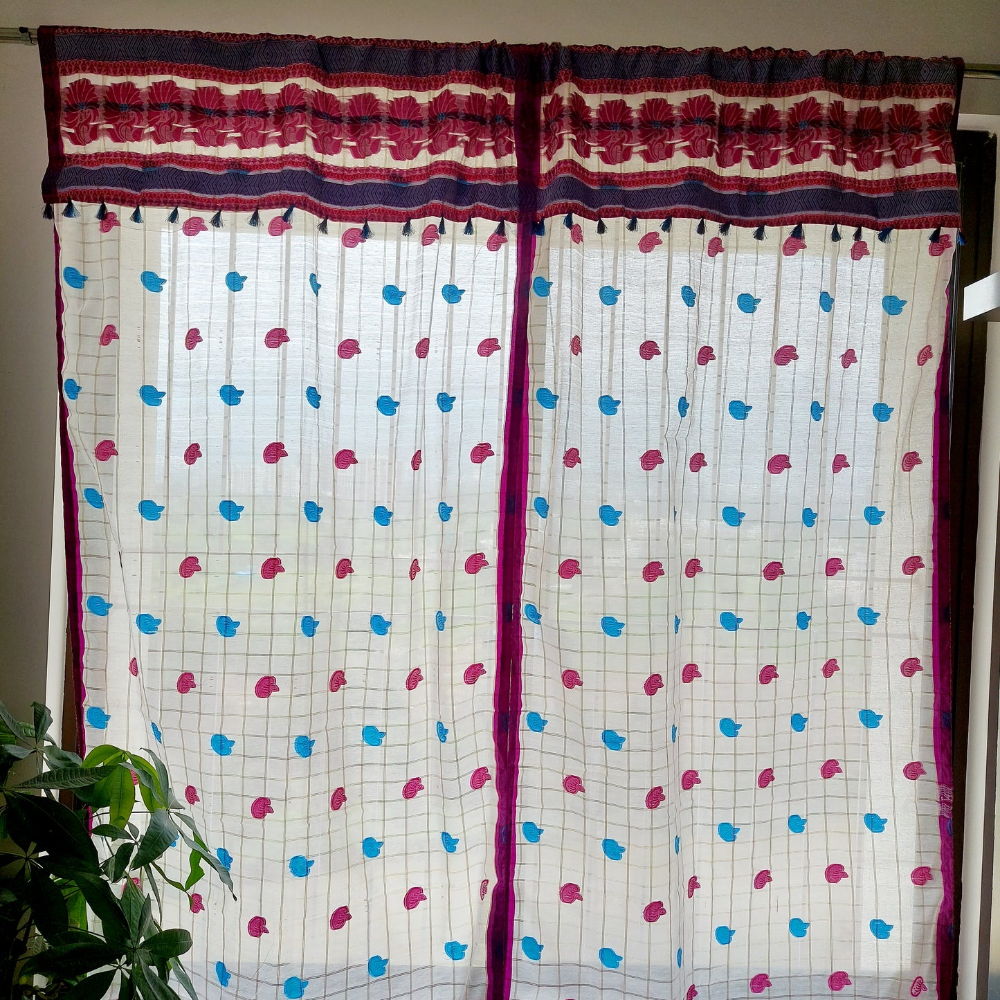 Sky Blue and Magenta Assamese Handloom Sheer Curtain with Kolka and Japi Motifs | Cotton-Silk Blend