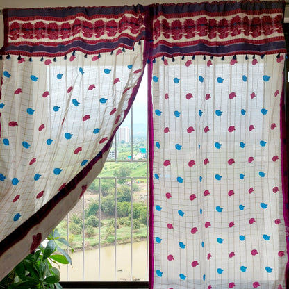 Sky Blue and Magenta Assamese Handloom Sheer Curtain with Kolka and Japi Motifs | Cotton-Silk Blend