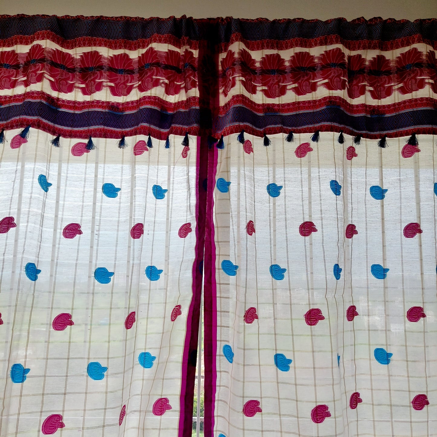 Sky Blue and Magenta Assamese Handloom Sheer Curtain with Kolka and Japi Motifs | Cotton-Silk Blend