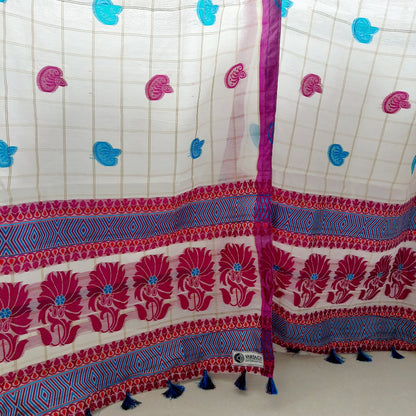 Sky Blue and Magenta Assamese Handloom Sheer Curtain with Kolka and Japi Motifs | Cotton-Silk Blend