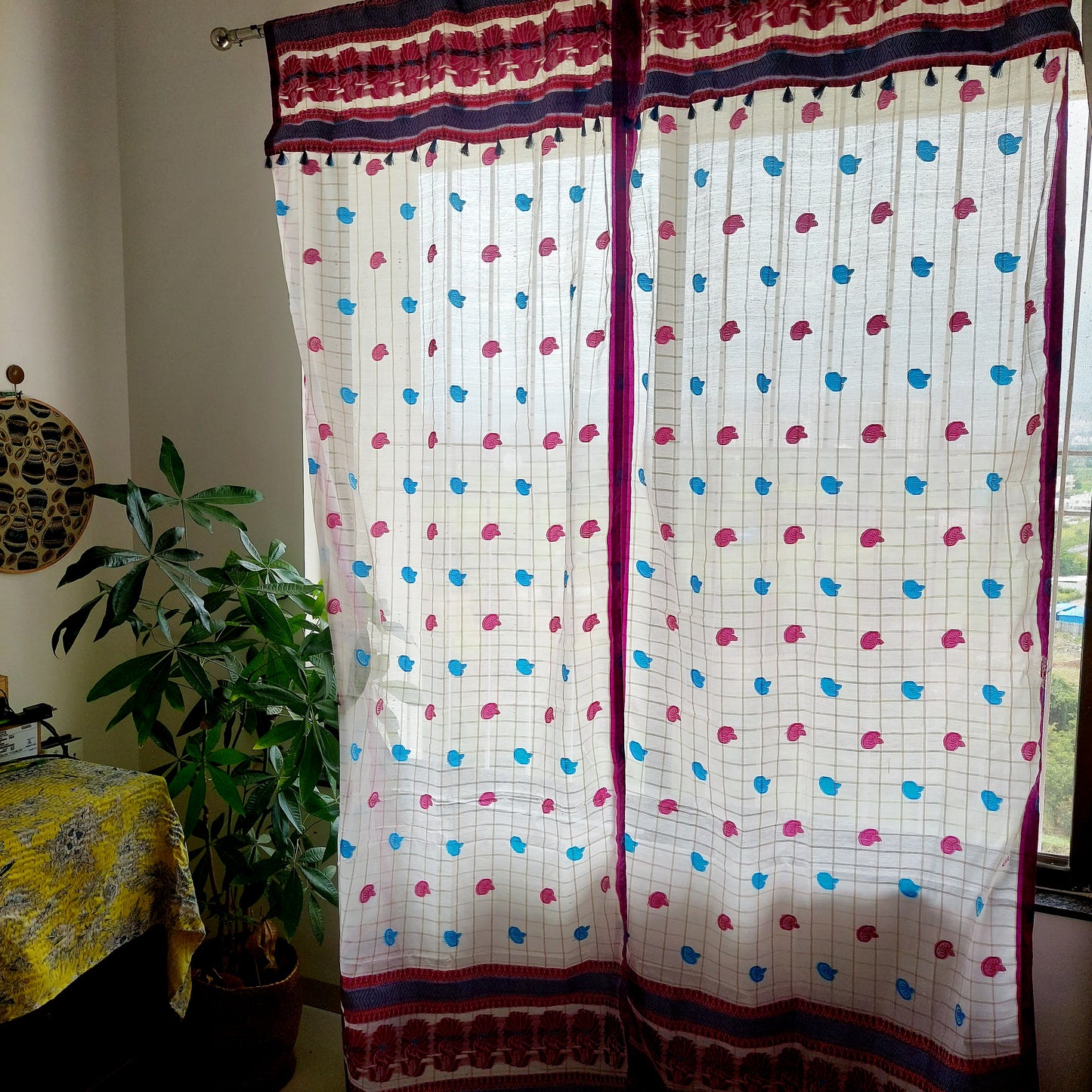 Sky Blue and Magenta Assamese Handloom Sheer Curtain with Kolka and Japi Motifs | Cotton-Silk Blend