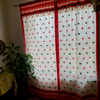 Red and Black Assamese Handloom Sheer Curtain with Kolka and Japi Motifs | Cotton-Silk Blend