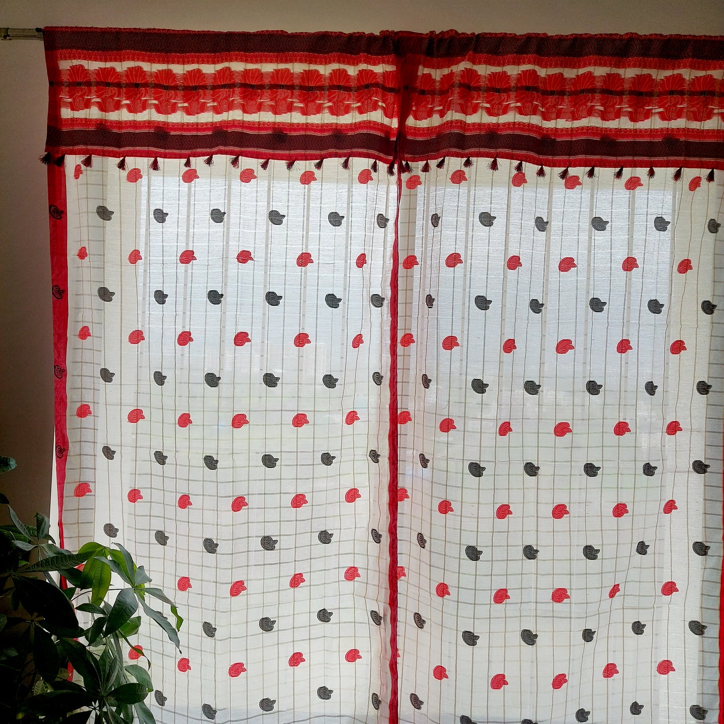 Red and Black Assamese Handloom Sheer Curtain with Kolka and Japi Motifs | Cotton-Silk Blend