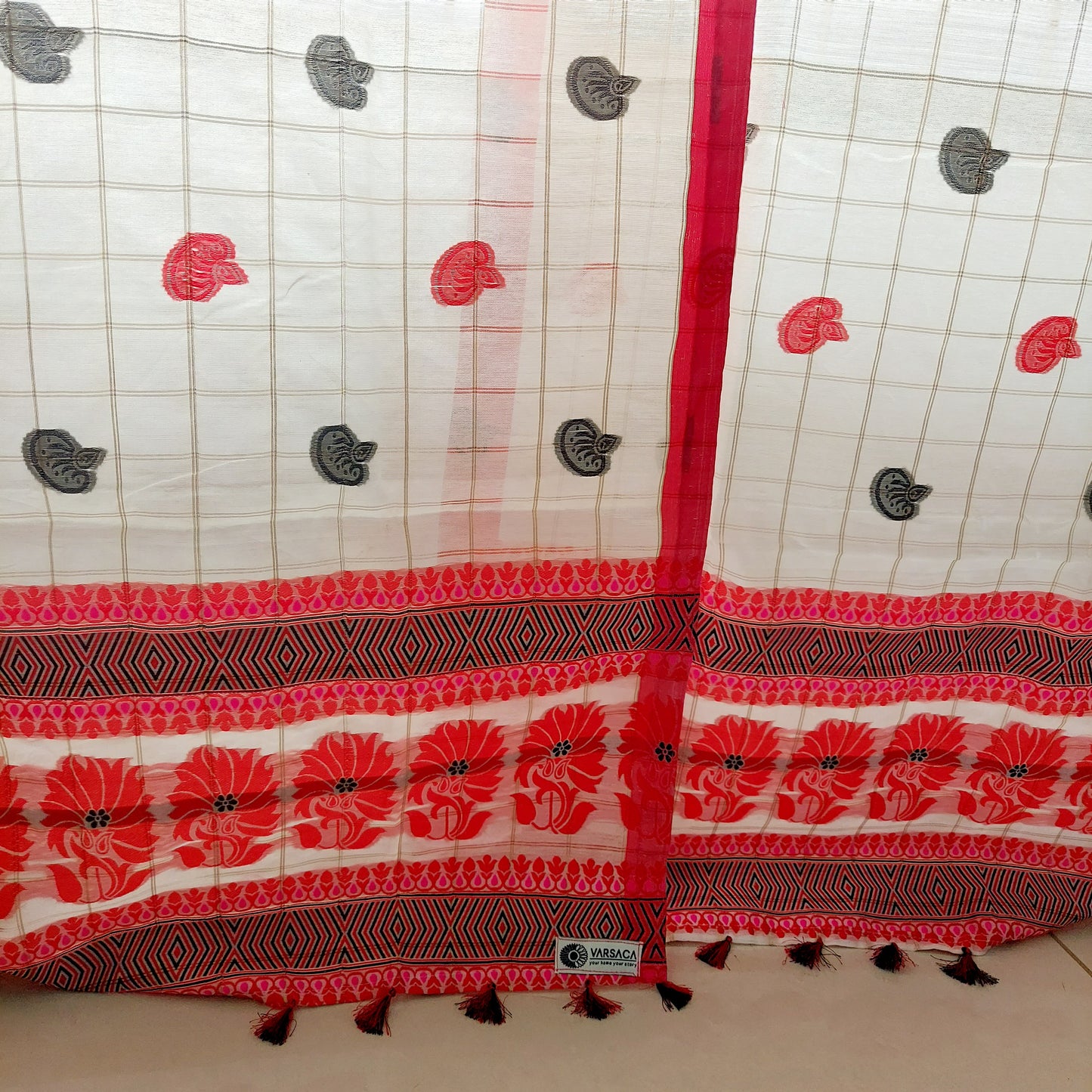 Red and Black Assamese Handloom Sheer Curtain with Kolka and Japi Motifs | Cotton-Silk Blend