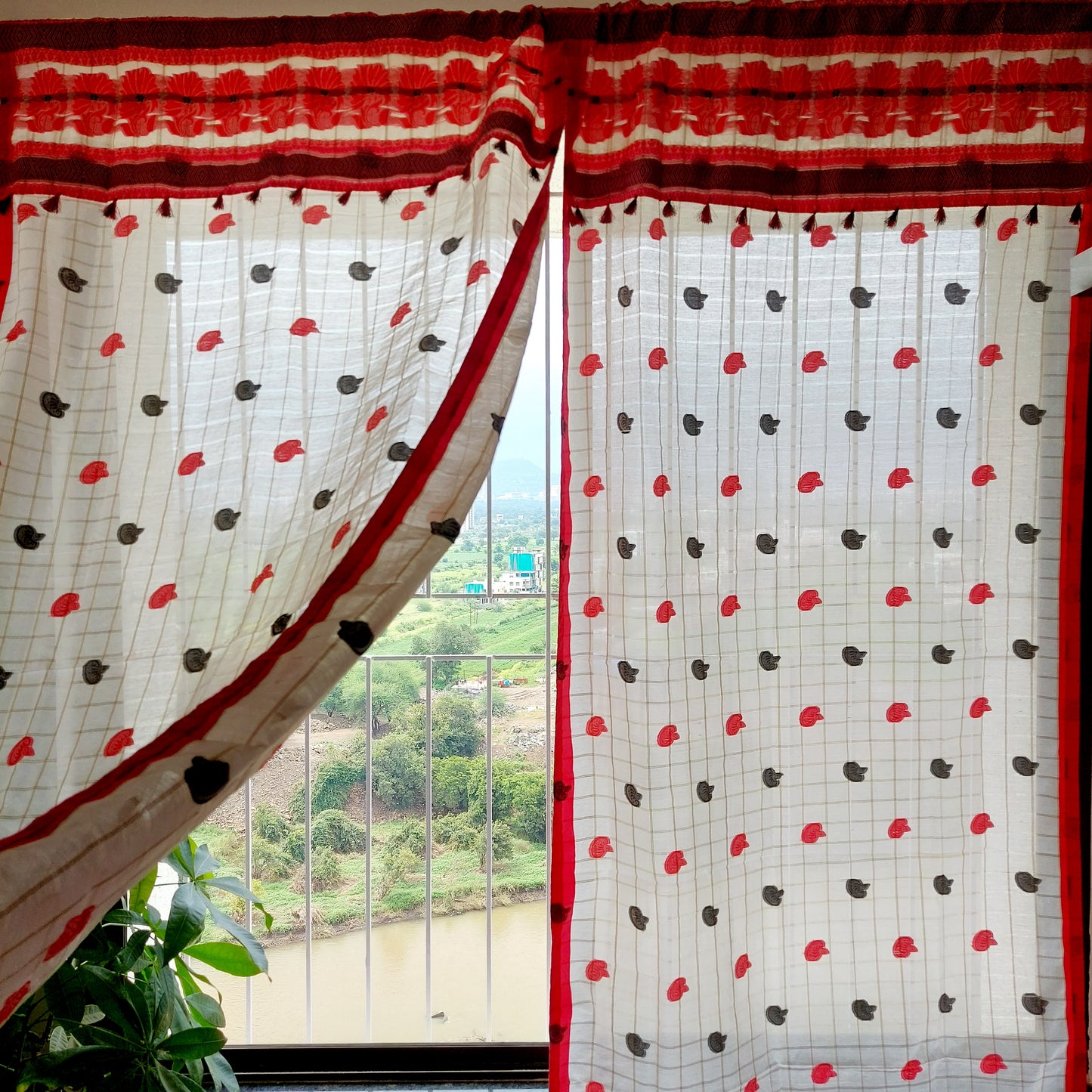 Red and Black Assamese Handloom Sheer Curtain with Kolka and Japi Motifs | Cotton-Silk Blend