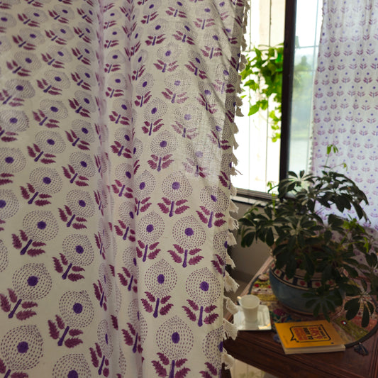 Sheer White Curtain with Purple Floral Motifs and Cotton Tassel Lace – Elegant Home Decor