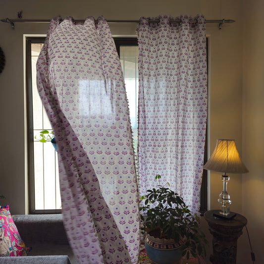 Sheer White Curtain with Purple Floral Motifs and Cotton Tassel Lace – Elegant Home Decor