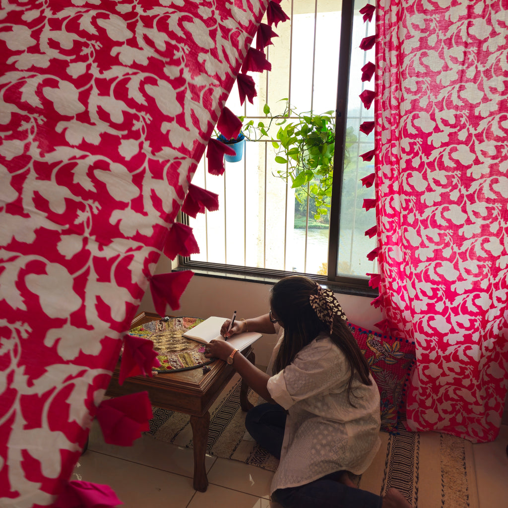 Pink and White Floral Cotton Curtain with Pink Tassels