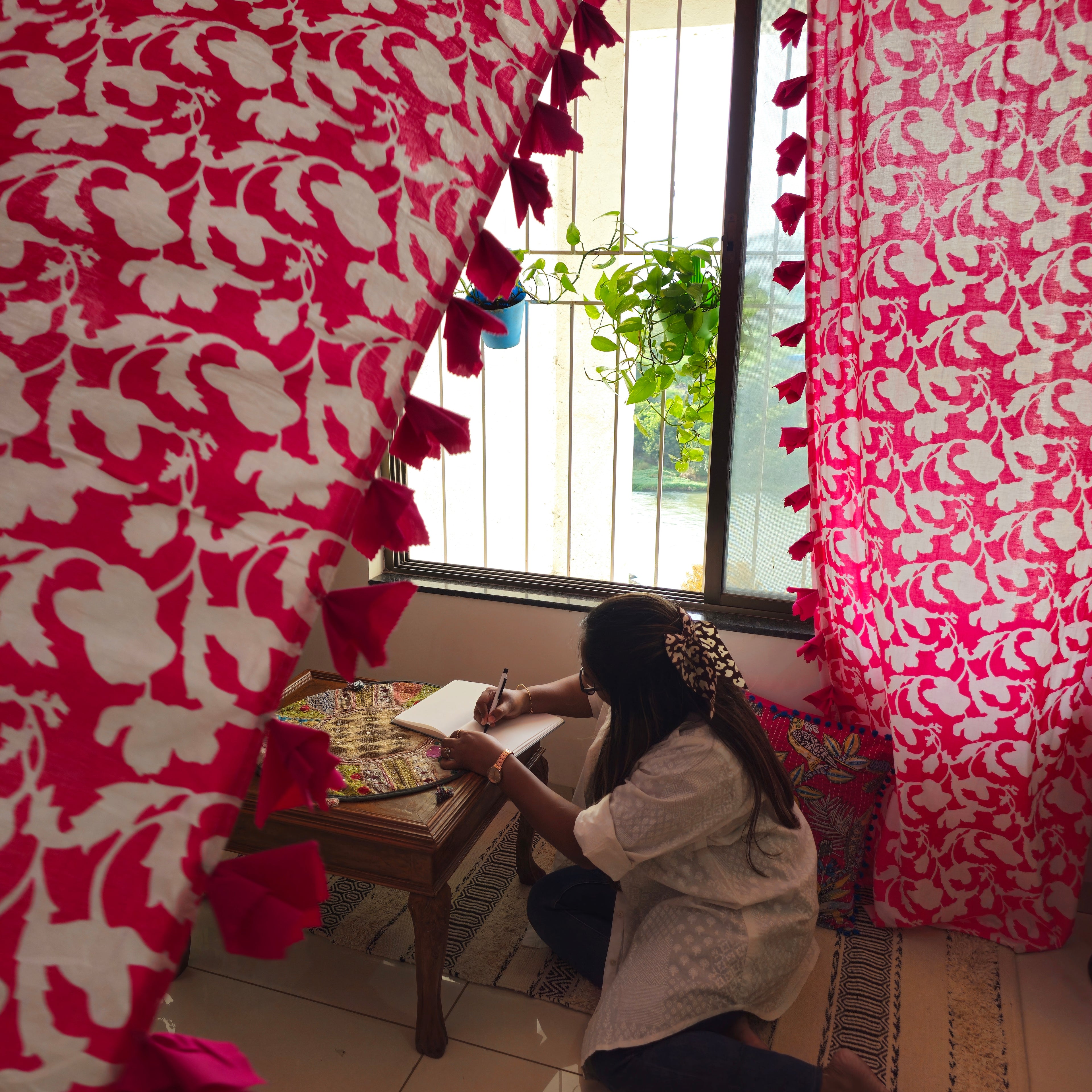Pink and White Floral Cotton Curtain with Pink Tassels