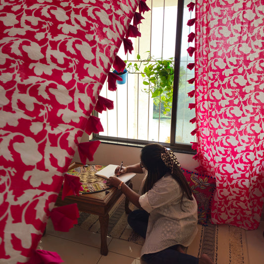 Pink and White Floral Cotton Curtain with Pink Tassels