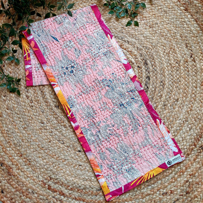 Handmade Kantha Work Table Runner in Peach Floral Design with Pink Cotton Border