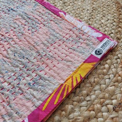 Handmade Kantha Work Table Runner in Peach Floral Design with Pink Cotton Border