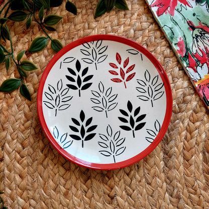 Hand-Painted Ceramic Wall Plate with Black Leaves and Red Border