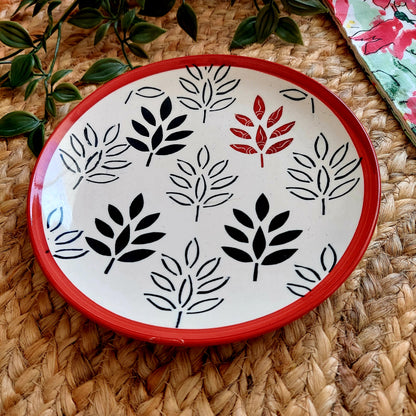 Hand-Painted Ceramic Wall Plate with Black Leaves and Red Border