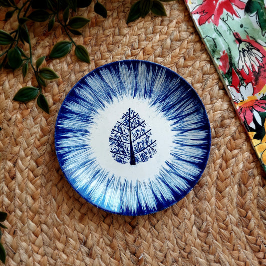 Leaf Patterned Blue and White Ceramic Wall Plate – Handcrafted Wall Decor