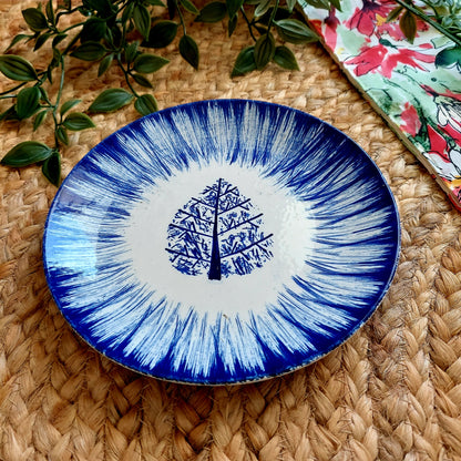 Leaf Patterned Blue and White Ceramic Wall Plate – Handcrafted Wall Decor