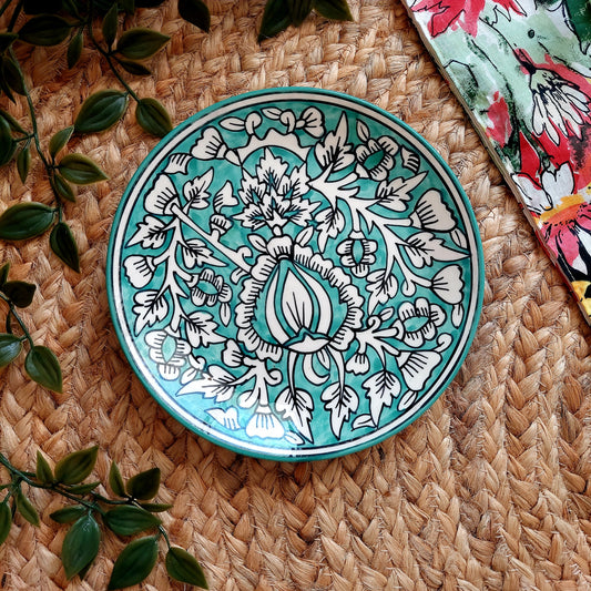 Hand-Painted Teal Ceramic Wall Plate with Intricate Motifs