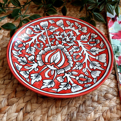 Hand-Painted Red Ceramic Wall Plate with Intricate Motifs