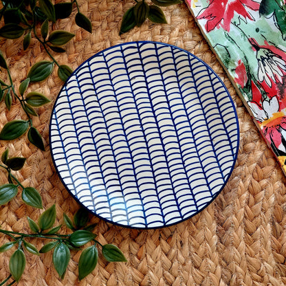 Abstract Lined Blue and White Ceramic Wall Plate – Handcrafted Wall Decor