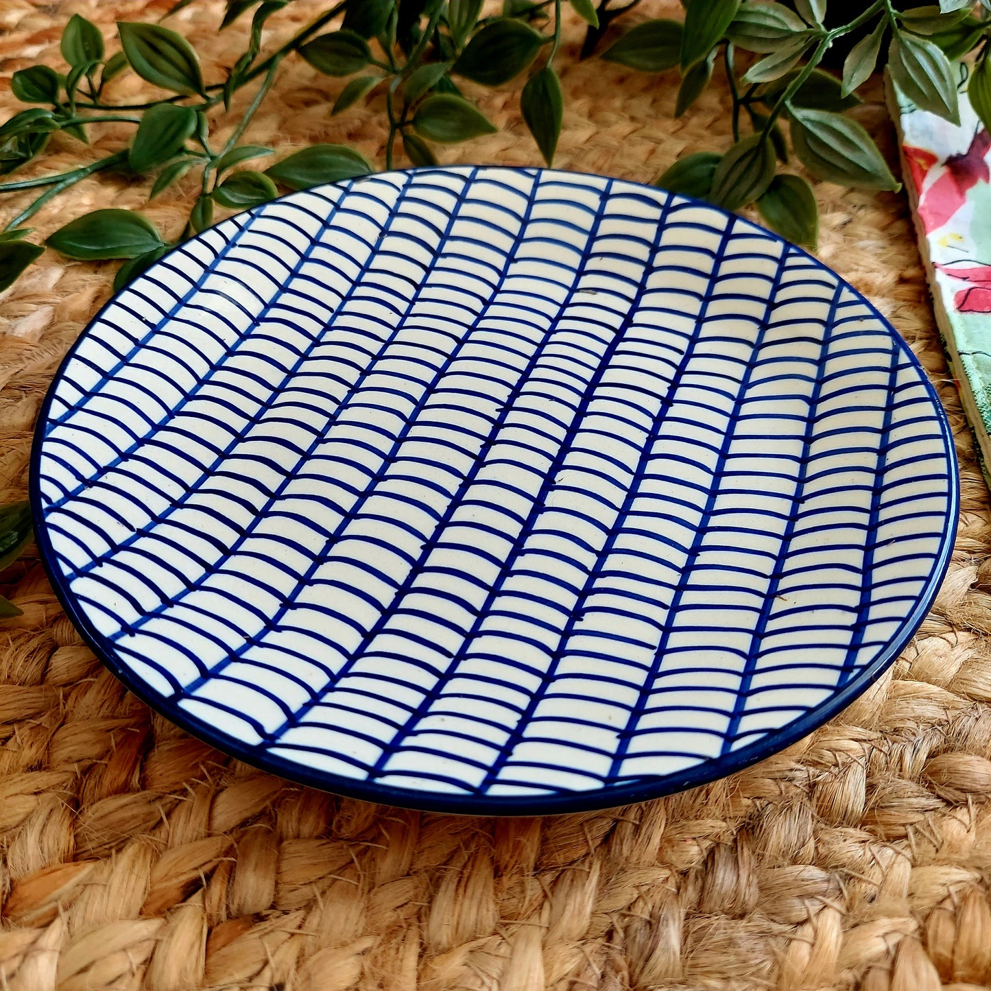 Abstract Lined Blue and White Ceramic Wall Plate – Handcrafted Wall Decor