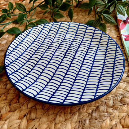 Abstract Lined Blue and White Ceramic Wall Plate – Handcrafted Wall Decor