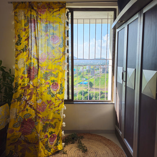 Bright Yellow Floral Cotton Curtain with Off White Tassels