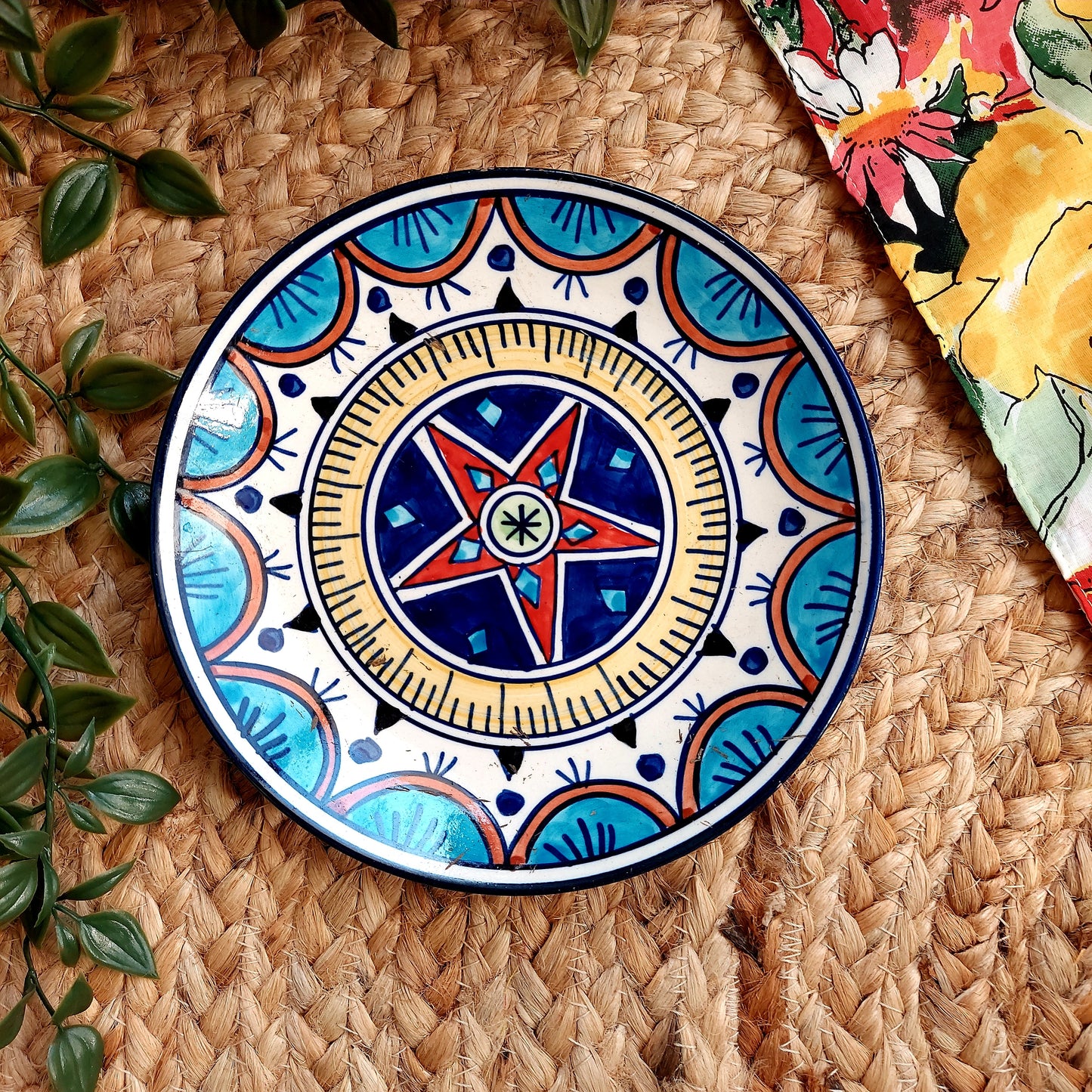 Multicolour Ceramic Wall Plate with Compass Design