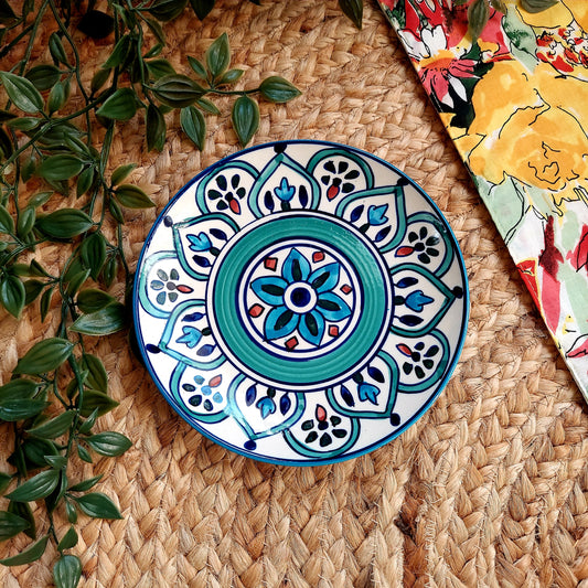 Ceramic Decorative Wall Plate with Teal Blue and Red Motifs | Wall Hanging