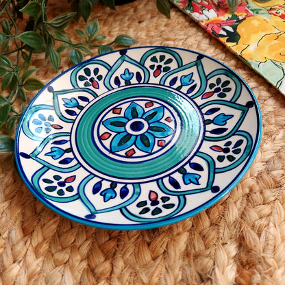 Ceramic Decorative Wall Plate with Teal Blue and Red Motifs | Wall Hanging