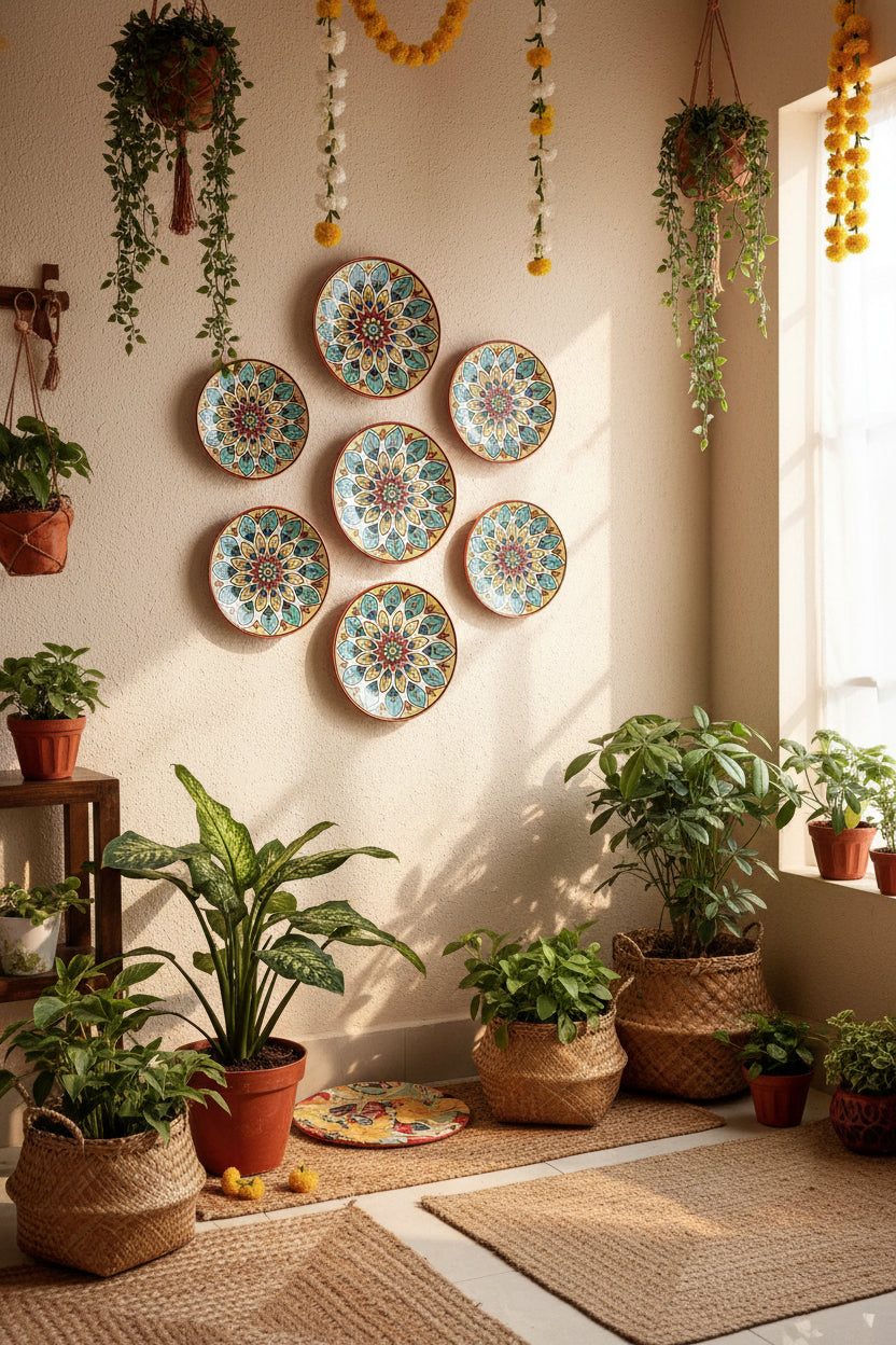 Multicolour Ceramic Wall Plate with Floral Designs