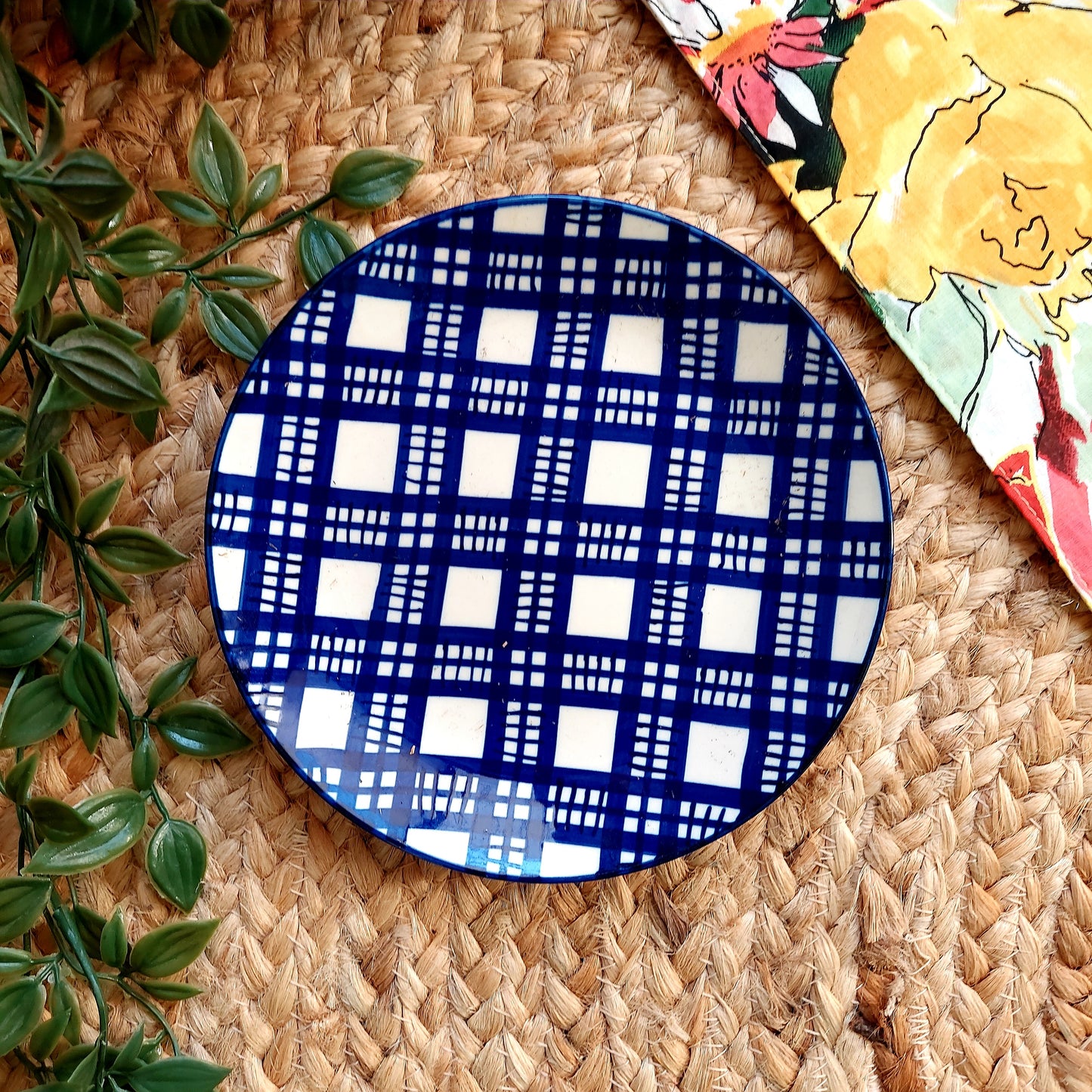 Blue and White Criss Cross Ceramic Wall Plate – Handcrafted Wall Decor