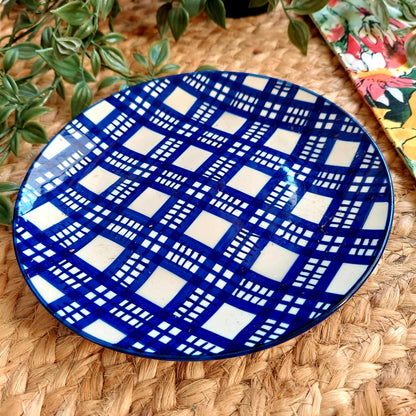 Blue and White Criss Cross Ceramic Wall Plate – Handcrafted Wall Decor