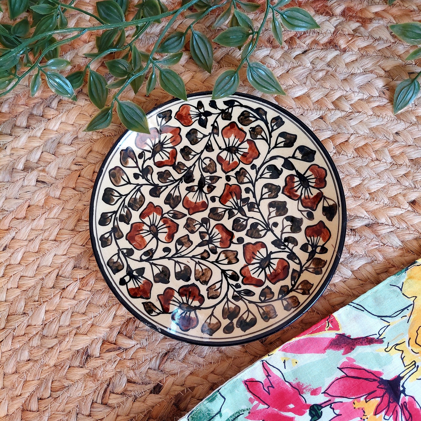 Ceramic Decorative Wall Plate with Black and Brown Floral Motif | Wall Hanging