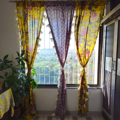 Grey Curtain with Purple and Red Lotus Motifs and White Fabric Tassels