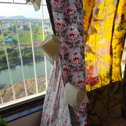 Grey Curtain with Purple and Red Lotus Motifs and White Fabric Tassels