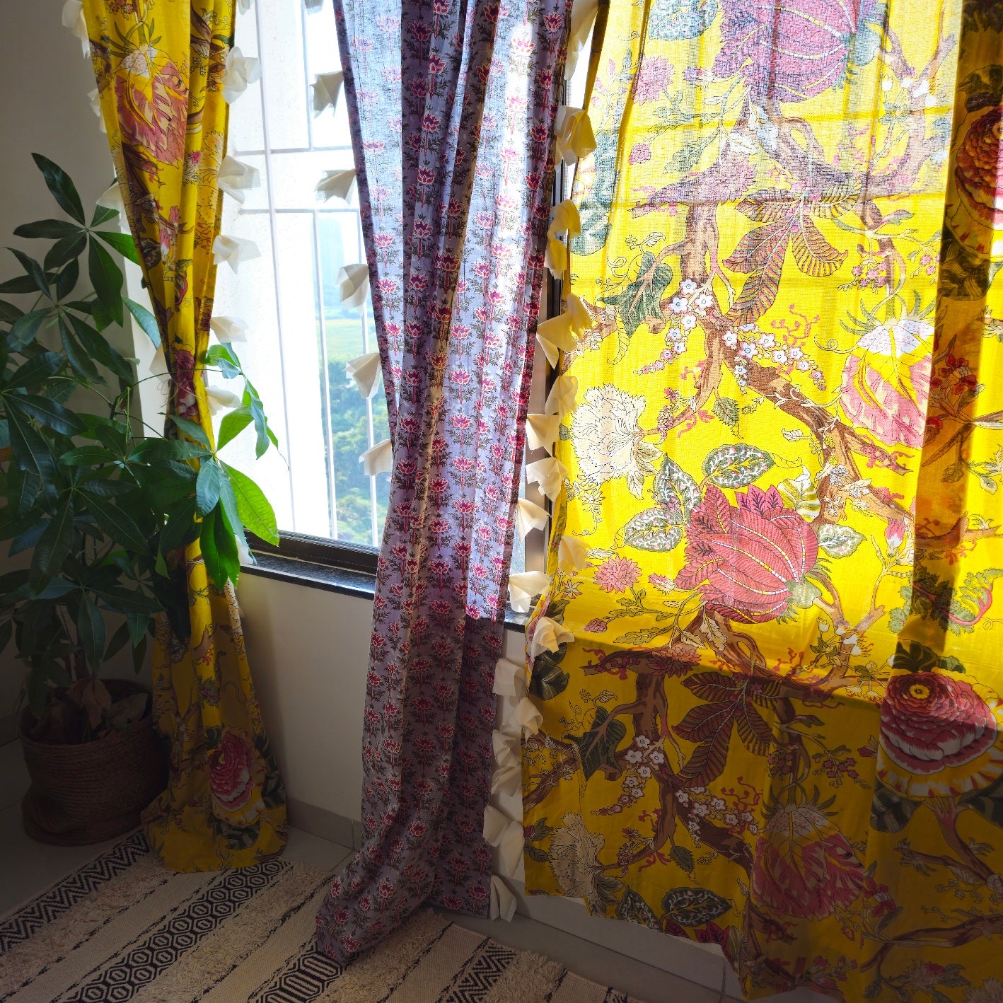 Grey Curtain with Purple and Red Lotus Motifs and White Fabric Tassels