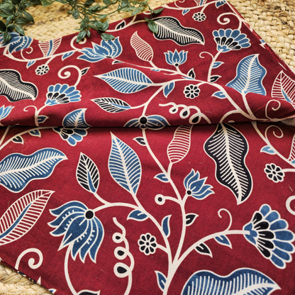 Unstitched Red Ajrakh Pure Cotton Fabric with Leaf Motifs – Handcrafted Fabric for Custom Designs