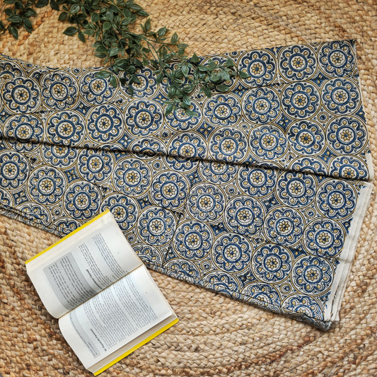 Unstitched Beige Ajrakh Pure Cotton Fabric with Indigo Geometrical Patterns – Handcrafted Fabric for Custom Designs