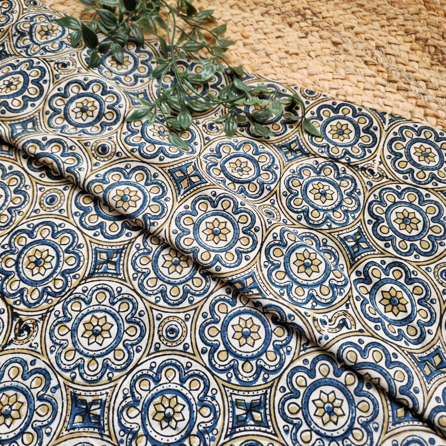 Unstitched Beige Ajrakh Pure Cotton Fabric with Indigo Geometrical Patterns – Handcrafted Fabric for Custom Designs