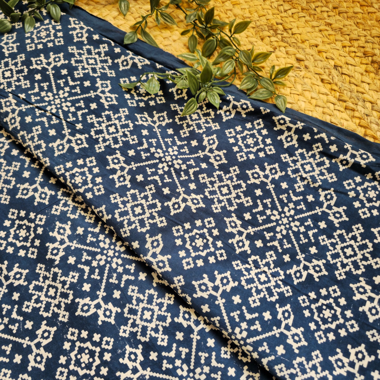 Unstitched Pure Cotton Blue Patola Fabric with Geometrical Patterns – Handcrafted Fabric for Custom Designs