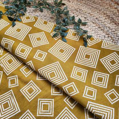 Unstitched Mustard Yellow Ajrakh Pure Cotton Fabric with Geometrical Motifs – Handcrafted Fabric for Custom Designs